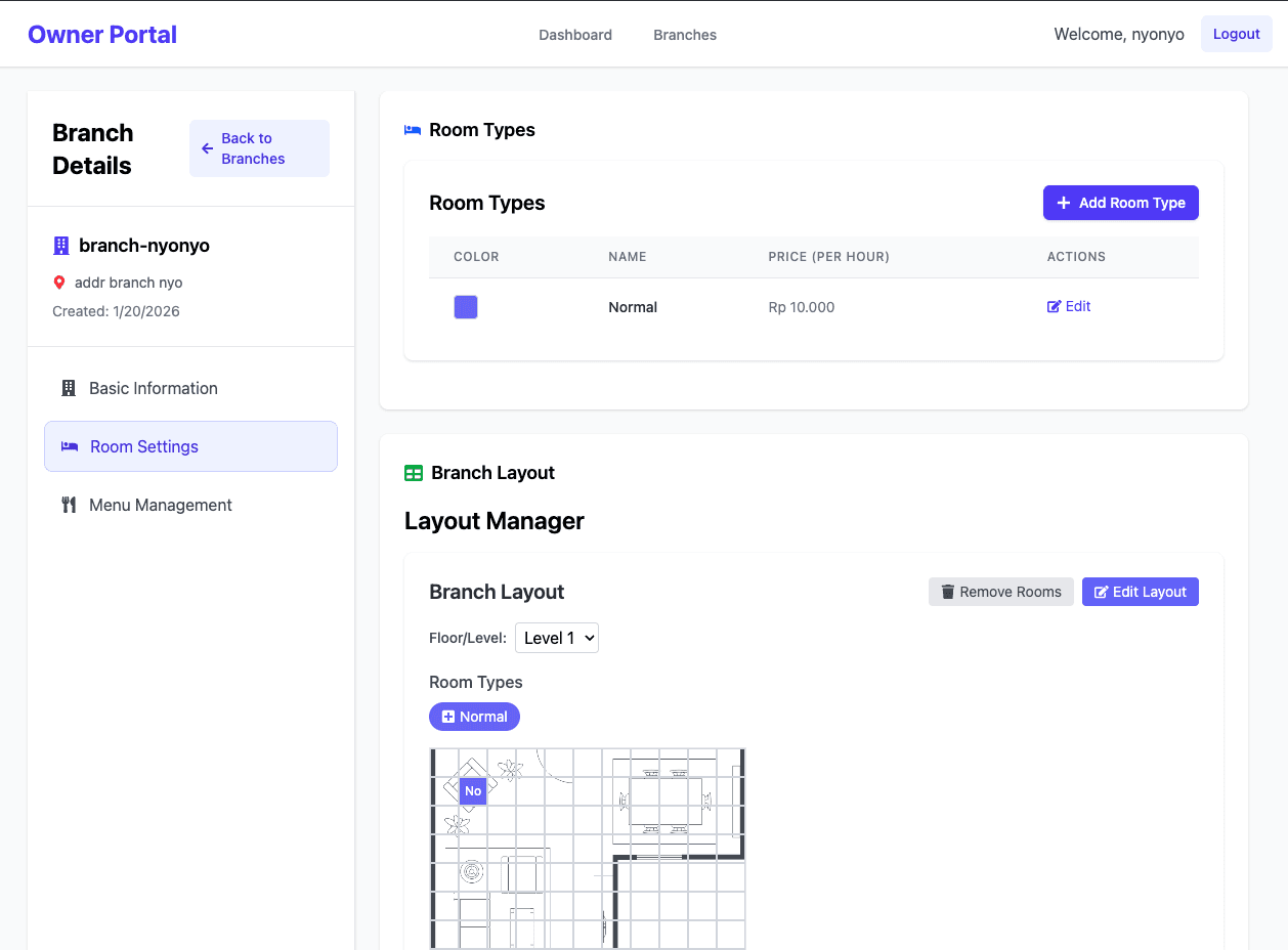 Admin panel UI controls TV/console on-off switches, and room layout
